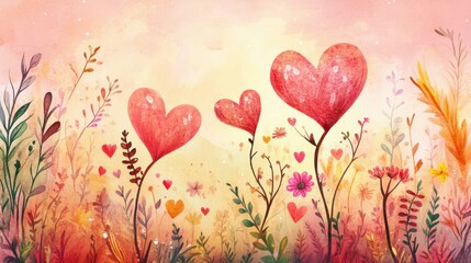 Poster - Watercolor Hearts Bloom in a Romantic Floral Field