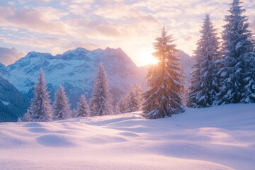 Poster - Winter Sunrise Snow Covered Mountains And Pine Trees