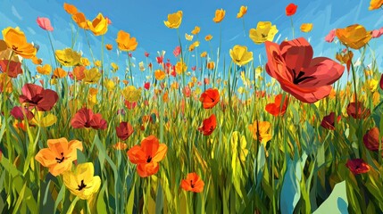 Poster - Vibrant Poppies and Flowers Bloom Brightly Under a Sunny Sky