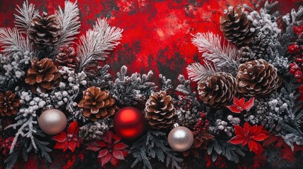 Poster - Festive Christmas Arrangement With Pine Cones Ornaments And Snow