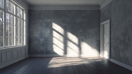 Poster - Sunlit Empty Room With Grey Walls And Wooden Floor