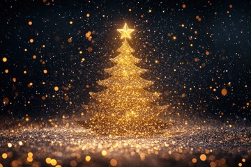 Poster - Golden Glittering Christmas Tree Starlit Night