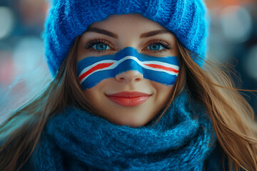 Wall Mural - Young woman with bright blue hat and scarf showing national pride with face paint in red, white, and blue against a blurred background