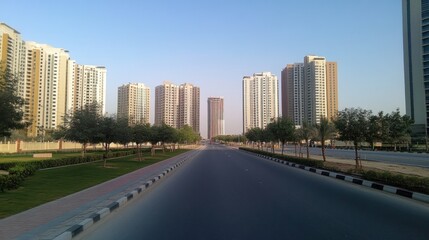Poster - Modern city street lined with tall residential buildings