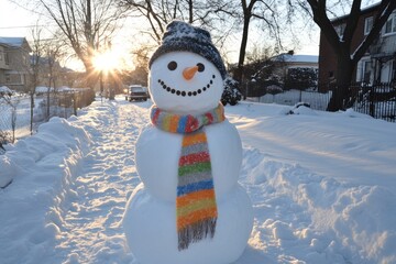 Poster - Cheerful Snowman In Winter Sunset Scene