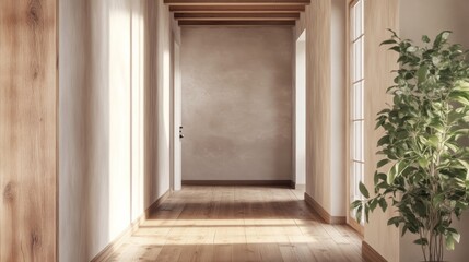 Wall Mural - Sunlit Hallway With Wooden Beams And Plant