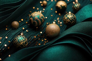 Poster - Green Velvet Fabric Adorned With Gold Christmas Ornaments