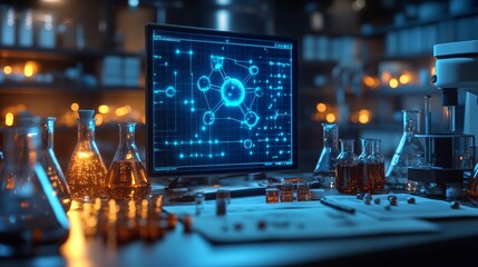 Poster - A cluttered laboratory desk showcases various glass containers filled with liquids