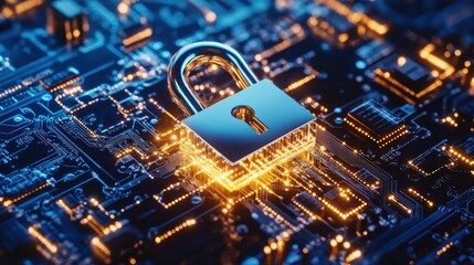 Aufkleber - Golden Padlock Secures Digital Circuit Board Technology