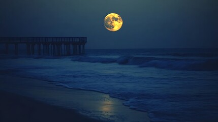 Wall Mural - Nighttime Ocean Scene With Pier and Full Moon