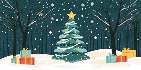Poster - A Snowy Winter Night Christmas Tree Scene