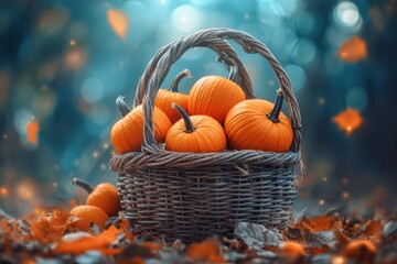Poster - Autumn Pumpkins In A Woven Basket Among Fallen Leaves