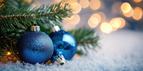 Poster - Blue Christmas Ornaments Resting On Snowy Pine Branch