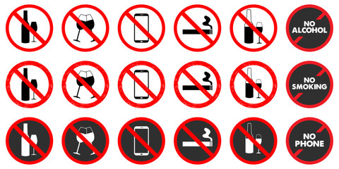 Poster - No smoking No Alcohol no phone icon collection forbidden warning prohibited cigarette risk typography red sign symbol