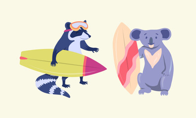 Canvas Print - Cartoon Color Characters Animal Raccoon and Koala Surfers Set Summer Vacation Activity Surfboarding Concept Flat Design Style. Vector illustration