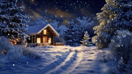 Poster - Cozy Cabin Winter Wonderland Night Scene