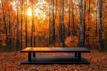Poster - Autumn Sunset Table in a Forest of Orange Leaves