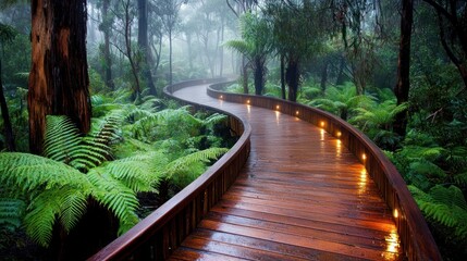 Poster - A Winding Wooden Pathway Through a Misty Forest