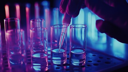 Aufkleber - A gloved hand carefully dispenses liquid into a clear glass test tube, surrounded by other test tubes filled with liquids, illuminated in vibrant blue and purple lighting.