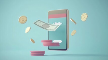 Poster - Smartphone with Floating Bill, Coins, and Stack of Coins