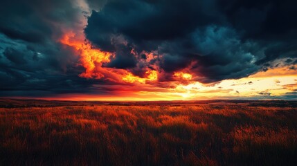 Poster - A vibrant autumn sunset amidst dark clouds creates a stunning contrast over the expansive landscape