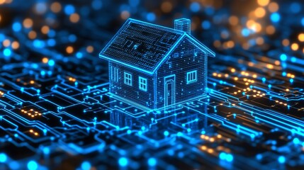 Poster - Central house icon illuminated by glowing blue circuits representing digital innovation