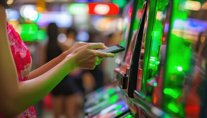 Aufkleber - Woman using a smartphone while standing near a brightly lit arcade game