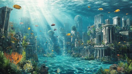 Poster - A breathtaking underwater cityscape featuring ancient ruins, vibrant coral reefs, and colorful fish illuminated by sunbeams