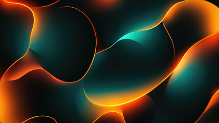 Wall Mural - Generative AI illustration of abstract geometric background with shiny smooth shapes and glowing neon lights in darkness