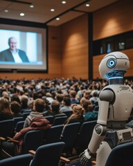 Poster - A humanoid robot engages with a captivated audience during a lecture on technology and innovation in a modern auditorium setting