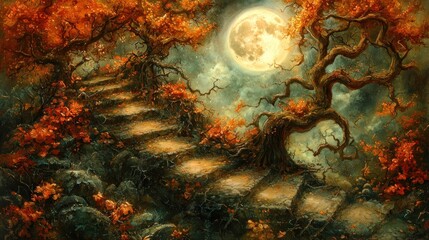 Poster - Stone Steps Leading Upwards Through a Mystical Forest Under a Full Moon