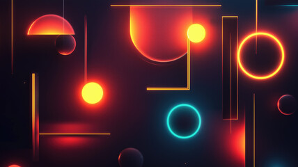 Wall Mural - Generative AI illustration of abstract geometric background with shiny smooth shapes and glowing neon lights in darkness