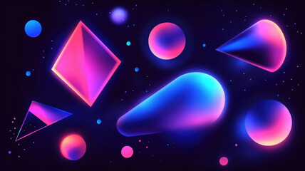 Wall Mural - Generative AI illustration of abstract geometric background with shiny smooth shapes and glowing neon lights in darkness