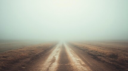 Aufkleber - A misty dirt road fades into the horizon surrounded by empty fields at dawn, creating a serene atmosphere of quiet isolation