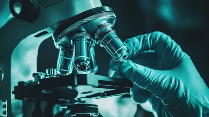Aufkleber - A Close-Up of a Microscope with a Gloved Hand Adjusting the Lens
