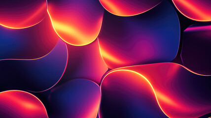 Wall Mural - Generative AI illustration of abstract geometric background with shiny smooth shapes and glowing neon lights in darkness