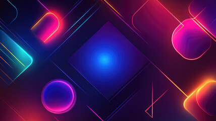 Wall Mural - Generative AI illustration of abstract geometric background with shiny smooth shapes and glowing neon lights in darkness