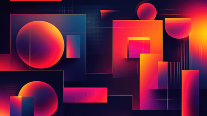 Wall Mural - Generative AI illustration of abstract geometric background with shiny smooth shapes and glowing neon lights in darkness