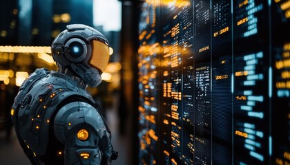Leinwandbilder - Futuristic Cyborg Observing Data Display in City at Night