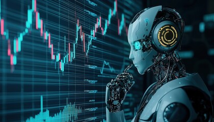Leinwandbilder - An Artificial Intelligence Robot Analyzes Financial Data on a Computer Screen