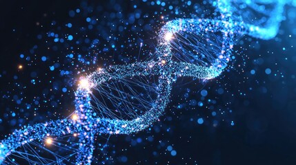 Poster - Abstract Blue and Gold DNA Structure with Glowing Particles