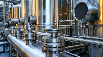 Poster - Close-up of Industrial Piping and Valves in a Factory Setting