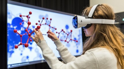Poster - Woman wearing VR headset interacts with 3D molecular model displayed on screen