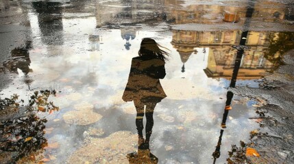 Poster - A Silhouette Reflected in a Puddle with a Cityscape Reflection