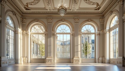 Aufkleber - A Grand Room with Ornate Architectural Details and Arched Windows