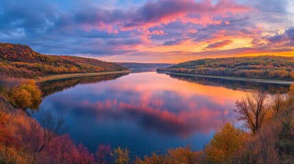 Poster - A breathtaking panorama showcasing vibrant fall foliage reflected in the tranquil waters at sunset in a serene landscape
