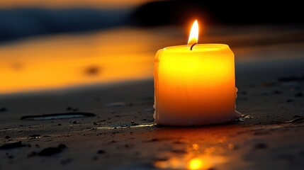 Poster - A Single Candle Burning on a Beach at Sunset