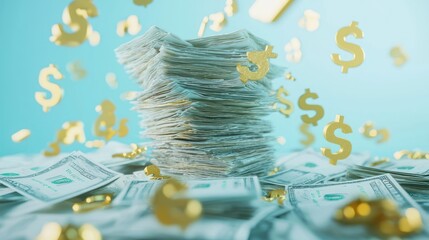 Aufkleber - Stack of US Dollar Bills with Golden Dollar Signs Falling Around It