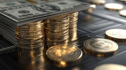 Aufkleber - US Dollar Bills and Stacks of Gold Coins on a Black Background