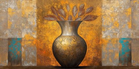 Poster - This wall art showcases a golden and silver vase on a textured brown background, ideal for enhancing any living space with its unique flair and elegant design, adding a touch of sophistication